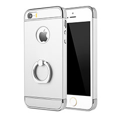 Handyhülle Hülle Luxus Metall Rahmen und Kunststoff Schutzhülle Tasche mit Fingerring Ständer A02 für Apple iPhone 5S Silber