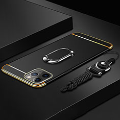 Handyhülle Hülle Luxus Metall Rahmen und Kunststoff Schutzhülle Tasche mit Fingerring Ständer T01 für Apple iPhone 11 Pro Schwarz