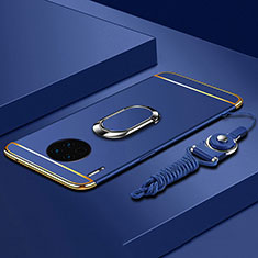 Handyhülle Hülle Luxus Metall Rahmen und Kunststoff Schutzhülle Tasche mit Fingerring Ständer T01 für Huawei Mate 30 5G Blau
