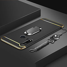 Handyhülle Hülle Luxus Metall Rahmen und Kunststoff Schutzhülle Tasche mit Fingerring Ständer T01 für Huawei Nova 5i Schwarz