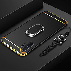 Handyhülle Hülle Luxus Metall Rahmen und Kunststoff Schutzhülle Tasche mit Fingerring Ständer T01 für Samsung Galaxy Note 10 Plus 5G Schwarz