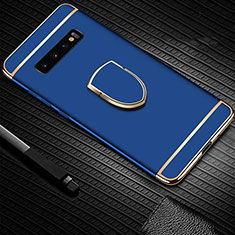 Handyhülle Hülle Luxus Metall Rahmen und Kunststoff Schutzhülle Tasche mit Fingerring Ständer T01 für Samsung Galaxy S10 5G Blau