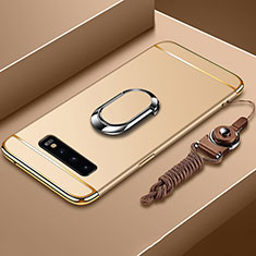 Handyhülle Hülle Luxus Metall Rahmen und Kunststoff Schutzhülle Tasche mit Fingerring Ständer T02 für Samsung Galaxy S10 Plus Gold