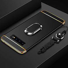 Handyhülle Hülle Luxus Metall Rahmen und Kunststoff Schutzhülle Tasche mit Fingerring Ständer T02 für Samsung Galaxy S10 Plus Schwarz