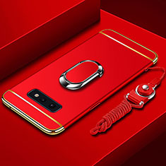 Handyhülle Hülle Luxus Metall Rahmen und Kunststoff Schutzhülle Tasche mit Fingerring Ständer T02 für Samsung Galaxy S10e Rot
