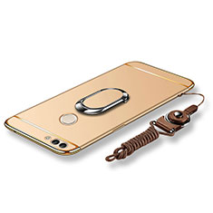 Handyhülle Hülle Luxus Metall Rahmen und Kunststoff Schutzhülle Tasche mit Fingerring Ständer und Lanyard für Huawei Enjoy 7S Gold