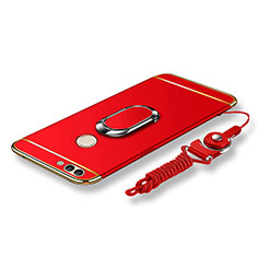 Handyhülle Hülle Luxus Metall Rahmen und Kunststoff Schutzhülle Tasche mit Fingerring Ständer und Lanyard für Huawei Enjoy 7S Rot