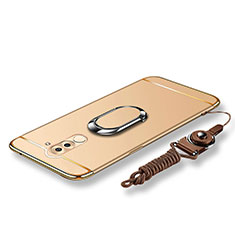 Handyhülle Hülle Luxus Metall Rahmen und Kunststoff Schutzhülle Tasche mit Fingerring Ständer und Lanyard für Huawei Honor 6X Gold