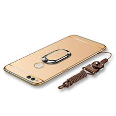 Handyhülle Hülle Luxus Metall Rahmen und Kunststoff Schutzhülle Tasche mit Fingerring Ständer und Lanyard für Huawei Honor 7X Gold