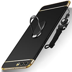 Handyhülle Hülle Luxus Metall Rahmen und Kunststoff Schutzhülle Tasche mit Fingerring Ständer und Lanyard für Huawei Honor 9 Premium Schwarz