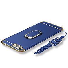 Handyhülle Hülle Luxus Metall Rahmen und Kunststoff Schutzhülle Tasche mit Fingerring Ständer und Lanyard für Huawei Honor V10 Blau