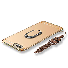 Handyhülle Hülle Luxus Metall Rahmen und Kunststoff Schutzhülle Tasche mit Fingerring Ständer und Lanyard für Huawei Honor V10 Gold