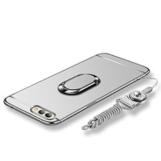 Handyhülle Hülle Luxus Metall Rahmen und Kunststoff Schutzhülle Tasche mit Fingerring Ständer und Lanyard für Huawei Honor V10 Silber