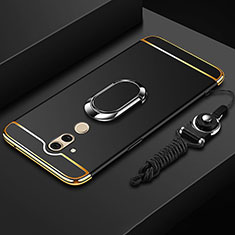 Handyhülle Hülle Luxus Metall Rahmen und Kunststoff Schutzhülle Tasche mit Fingerring Ständer und Lanyard für Huawei Mate 20 Lite Schwarz