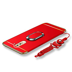 Handyhülle Hülle Luxus Metall Rahmen und Kunststoff Schutzhülle Tasche mit Fingerring Ständer und Lanyard für Huawei Mate 9 Lite Rot