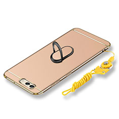 Handyhülle Hülle Luxus Metall Rahmen und Kunststoff Schutzhülle Tasche mit Fingerring Ständer und Lanyard für Huawei Nova 2S Gold