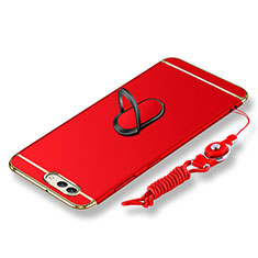 Handyhülle Hülle Luxus Metall Rahmen und Kunststoff Schutzhülle Tasche mit Fingerring Ständer und Lanyard für Huawei Nova 2S Rot