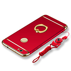 Handyhülle Hülle Luxus Metall Rahmen und Kunststoff Schutzhülle Tasche mit Fingerring Ständer und Lanyard für Huawei Nova Rot