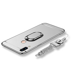 Handyhülle Hülle Luxus Metall Rahmen und Kunststoff Schutzhülle Tasche mit Fingerring Ständer und Lanyard für Huawei P20 Lite Silber