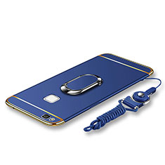 Handyhülle Hülle Luxus Metall Rahmen und Kunststoff Schutzhülle Tasche mit Fingerring Ständer und Lanyard für Huawei P9 Lite Blau