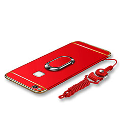 Handyhülle Hülle Luxus Metall Rahmen und Kunststoff Schutzhülle Tasche mit Fingerring Ständer und Lanyard für Huawei P9 Lite Rot