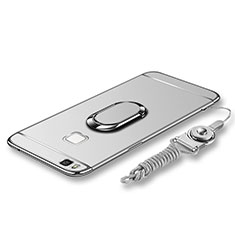 Handyhülle Hülle Luxus Metall Rahmen und Kunststoff Schutzhülle Tasche mit Fingerring Ständer und Lanyard für Huawei P9 Lite Silber