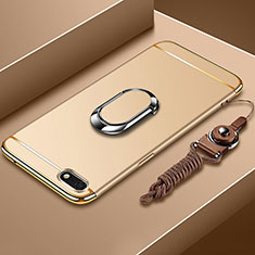 Handyhülle Hülle Luxus Metall Rahmen und Kunststoff Schutzhülle Tasche mit Fingerring Ständer und Lanyard für Huawei Y5 Prime (2018) Gold