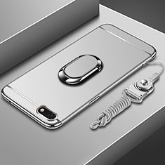 Handyhülle Hülle Luxus Metall Rahmen und Kunststoff Schutzhülle Tasche mit Fingerring Ständer und Lanyard für Huawei Y5 Prime (2018) Silber
