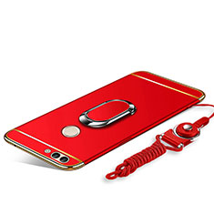 Handyhülle Hülle Luxus Metall Rahmen und Kunststoff Schutzhülle Tasche mit Fingerring Ständer und Lanyard für Huawei Y9 (2018) Rot
