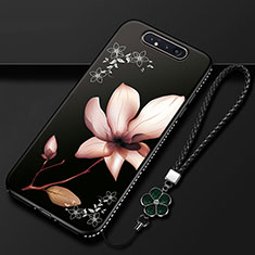 Handyhülle Silikon Hülle Gummi Schutzhülle Blumen S06 für Samsung Galaxy A80 Braun