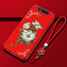 Handyhülle Silikon Hülle Gummi Schutzhülle Blumen S06 für Samsung Galaxy A80 Rot
