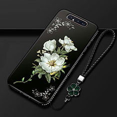 Handyhülle Silikon Hülle Gummi Schutzhülle Blumen S06 für Samsung Galaxy A80 Schwarz