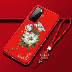Handyhülle Silikon Hülle Gummi Schutzhülle Flexible Blumen für Huawei Honor Play4 5G Rot