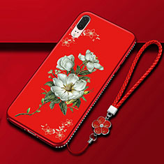 Handyhülle Silikon Hülle Gummi Schutzhülle Flexible Blumen K03 für Huawei P20 Rot