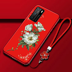 Handyhülle Silikon Hülle Gummi Schutzhülle Flexible Blumen S01 für Huawei P40 Rot