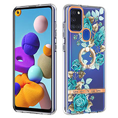 Handyhülle Silikon Hülle Gummi Schutzhülle Flexible Modisch Muster mit Fingerring Ständer Y06B für Samsung Galaxy A21s Cyan