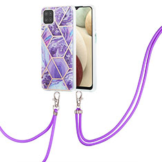 Handyhülle Silikon Hülle Gummi Schutzhülle Flexible Modisch Muster mit Schlüsselband Lanyard Y01B für Samsung Galaxy A12 Nacho Violett