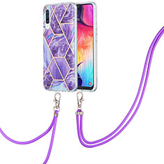 Handyhülle Silikon Hülle Gummi Schutzhülle Flexible Modisch Muster mit Schlüsselband Lanyard Y01B für Samsung Galaxy A50S Violett