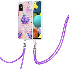 Handyhülle Silikon Hülle Gummi Schutzhülle Flexible Modisch Muster mit Schlüsselband Lanyard Y01B für Samsung Galaxy A51 4G Helles Lila