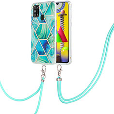 Handyhülle Silikon Hülle Gummi Schutzhülle Flexible Modisch Muster mit Schlüsselband Lanyard Y01B für Samsung Galaxy M21s Grün