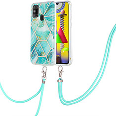 Handyhülle Silikon Hülle Gummi Schutzhülle Flexible Modisch Muster mit Schlüsselband Lanyard Y01B für Samsung Galaxy M21s Minzgrün