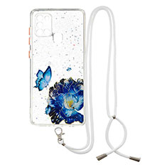 Handyhülle Silikon Hülle Gummi Schutzhülle Flexible Modisch Muster mit Schlüsselband Lanyard Y01X für Samsung Galaxy A21s Blau