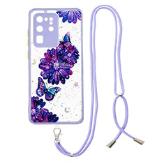 Handyhülle Silikon Hülle Gummi Schutzhülle Flexible Modisch Muster mit Schlüsselband Lanyard Y01X für Samsung Galaxy S20 Ultra Violett