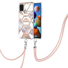 Handyhülle Silikon Hülle Gummi Schutzhülle Flexible Modisch Muster mit Schlüsselband Lanyard Y02B für Samsung Galaxy A21s Grau