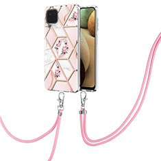 Handyhülle Silikon Hülle Gummi Schutzhülle Flexible Modisch Muster mit Schlüsselband Lanyard Y02B für Samsung Galaxy F12 Rosa