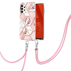 Handyhülle Silikon Hülle Gummi Schutzhülle Flexible Modisch Muster mit Schlüsselband Lanyard Y02B für Samsung Galaxy M32 5G Rosa