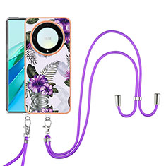 Handyhülle Silikon Hülle Gummi Schutzhülle Flexible Modisch Muster mit Schlüsselband Lanyard Y03B für Huawei Honor Magic5 Lite 5G Violett