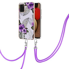 Handyhülle Silikon Hülle Gummi Schutzhülle Flexible Modisch Muster mit Schlüsselband Lanyard Y03B für Samsung Galaxy A02s Violett