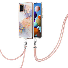 Handyhülle Silikon Hülle Gummi Schutzhülle Flexible Modisch Muster mit Schlüsselband Lanyard Y03B für Samsung Galaxy A21s Helles Lila