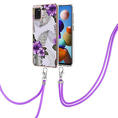 Handyhülle Silikon Hülle Gummi Schutzhülle Flexible Modisch Muster mit Schlüsselband Lanyard Y03B für Samsung Galaxy A21s Violett